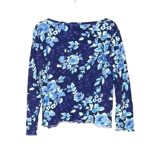 SUNDANCE Rosey Delights Henley Metallic Buttons Floral Top Blue Size Medium - Picture 8 of 14